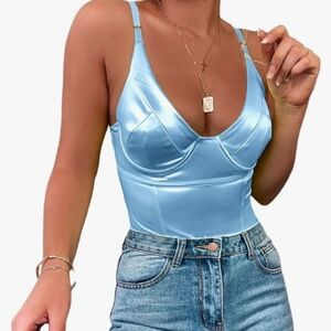 Light Blue Satin Bodysuit Top with Underwire Support